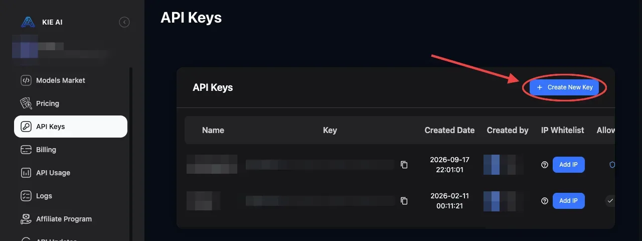 Kie.ai API Keys — Create New Key 버튼